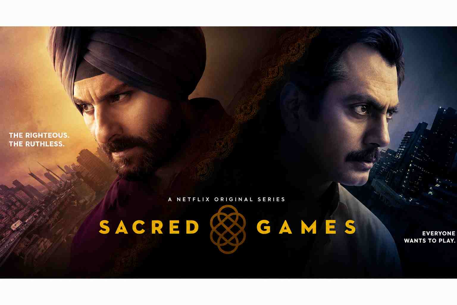 Sacred Games Season 1 featuring Saif Ali Khan and Nawazuddin Siddiqui Netflix series poster